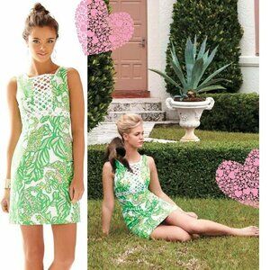 Lilly Pulitzer Rosie Seeing Pink Elephants Dobby Lace Detail Shift Dress sz 12